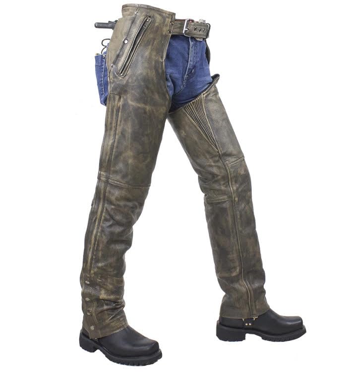 Men's Distressed Brown Leather Motorcycle Chaps for Bikers - Durable Riding Gear for Harley, Cruiser & Adventure Motorcycles - Perfect for Long Rides, Road Trips & Motorcycle Events