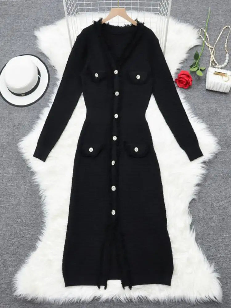Autumn 2024 Women's Fashion White V-Neck Long Sleeve Single Breasted Knit Dress - Elegant Office Wear for Work & Formal Occasions