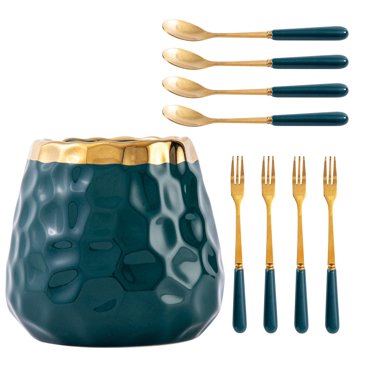 Tregoer 12-Piece Dessert Forks & Spoons Set with Ceramic Jar - Elegant Coffee & Tea Flatware for Home, Party, Restaurant - Stylish Kitchen Utensils (Emerald Green)