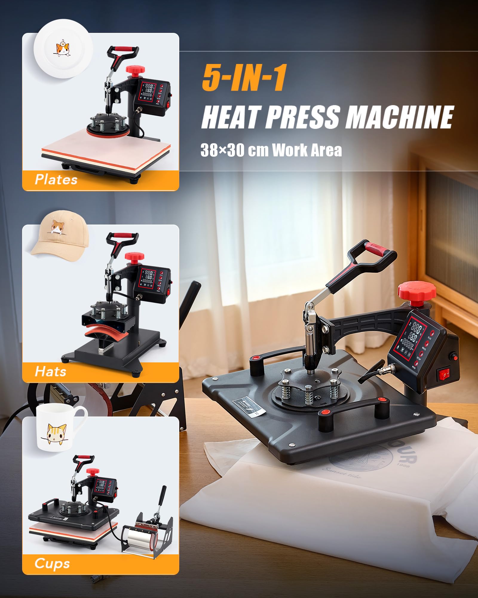 CREWORKS 30x38cm (12x15 Inch) Professional 5-in-1 Swing Away Heat Press Machine for T-Shirts, Hats, Mugs, Mouse Pads & Tote Bags - Sublimation Transfer Printing Equipment for DIY, Small Business & Charity Events (Home & Commercial Use)