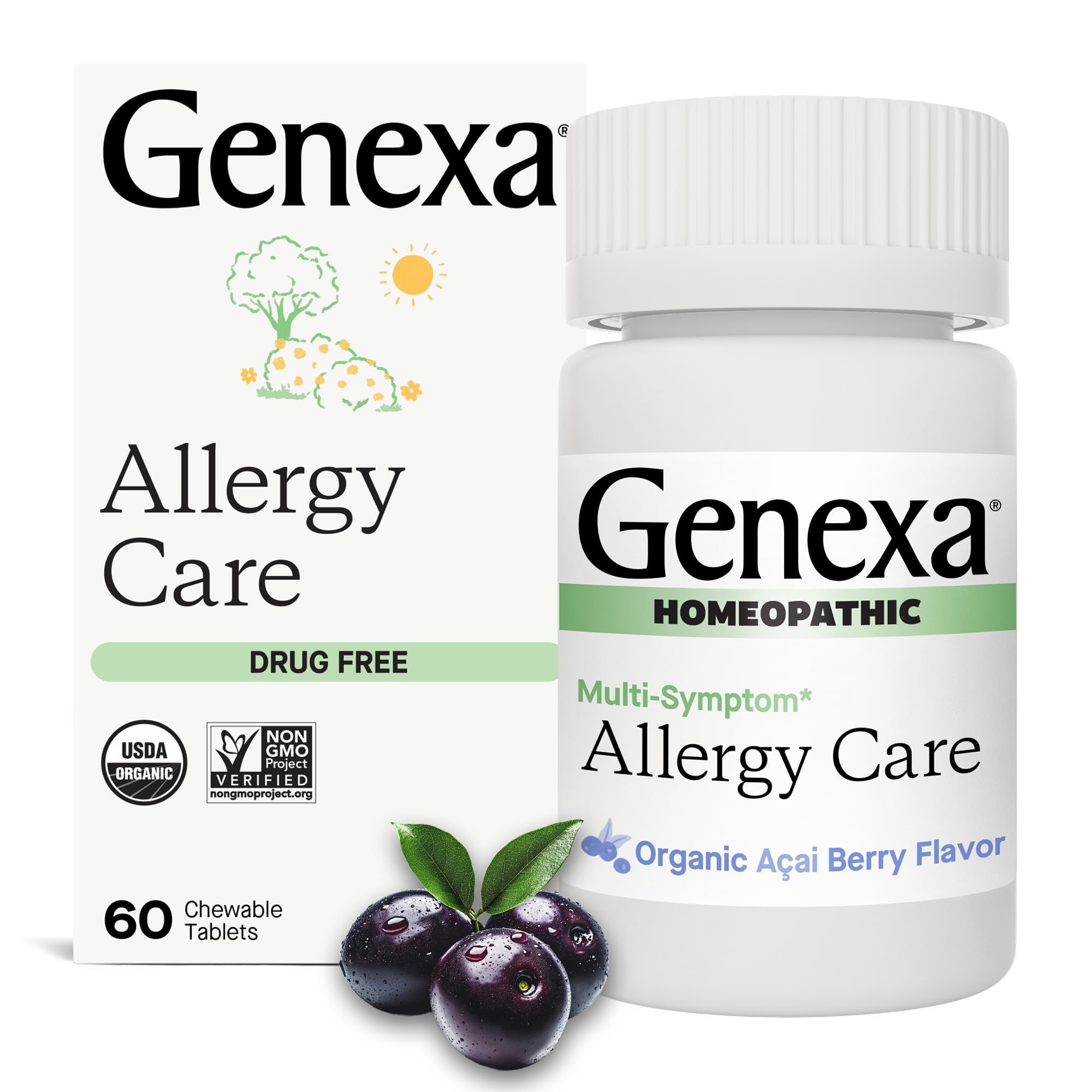 Genexa Allergy Relief Chewable Tablets - Organic Acai Berry Flavor | Drug-Free, Non-Drowsy Homeopathic Remedy for Adults | 60 Count | Natural Allergy & Congestion Support for Seasonal Allergies, Dust & Pet Allergies | Perfect for Home, Office & Travel Use