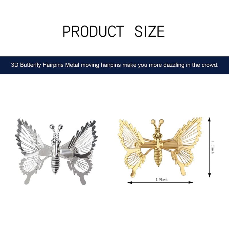 FAMEZA 6-Piece 3D Moving Butterfly Hair Clips - Silver Metal Wing Hair Accessories for Women & Girls | Barrettes, Styling Pins & Claw Clips | Perfect for 90s Retro Style, Parties & Everyday Wear