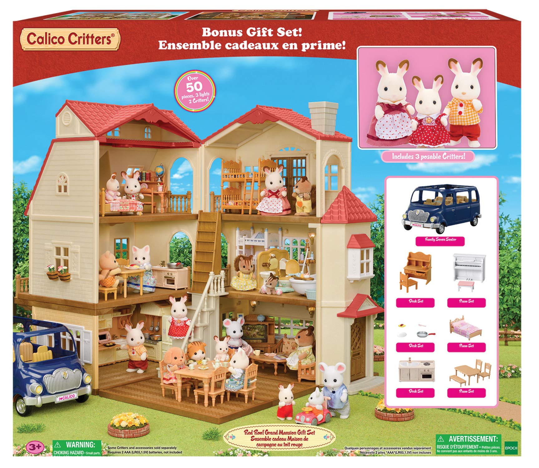 Calico Critters Red Roof Grand Mansion Dollhouse Playset - 3 Figures, Furniture, Vehicle & Accessories | Perfect Gift for Kids & Collectors | Pretend Play, Room Decor & Display