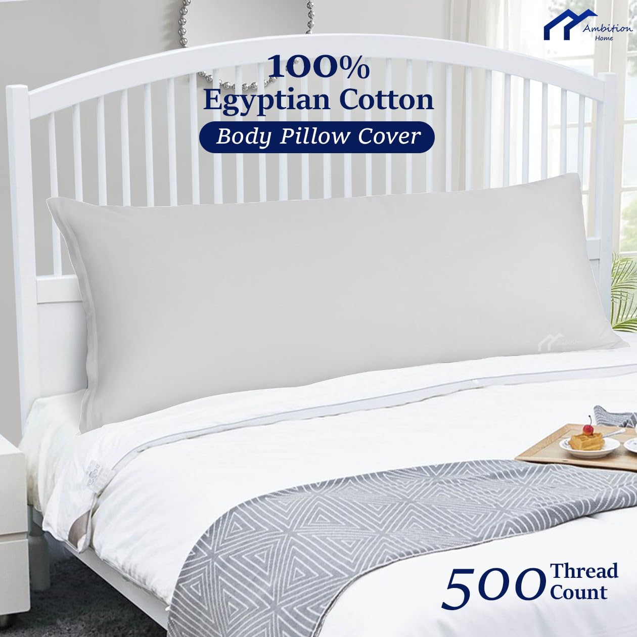Premium 20x60 Inch Body Pillow Cover - 100% Soft Egyptian Cotton, 500 Thread Count with Zipper Closure (Silver Grey) - Perfect for Home, Office & Travel Comfort