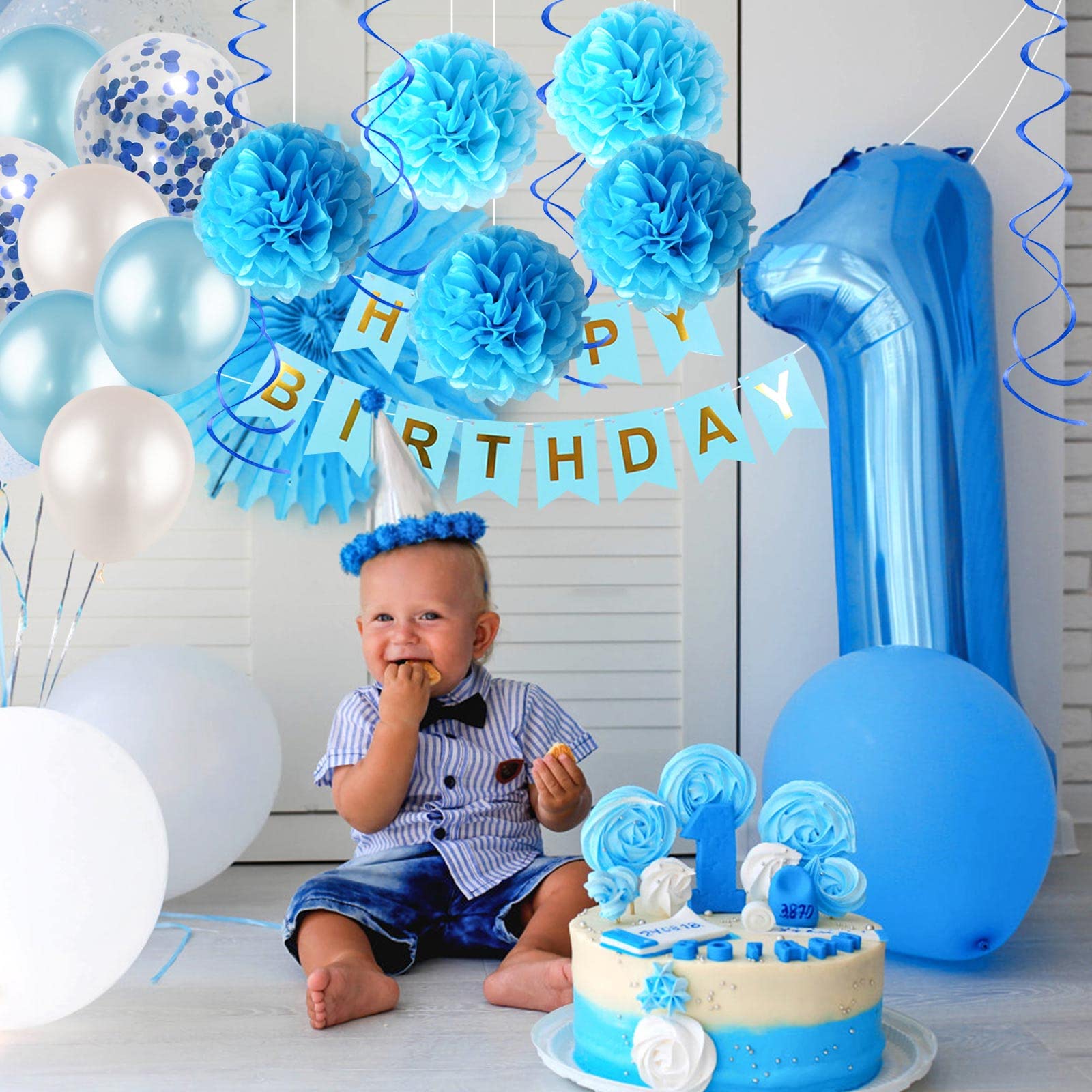 Blue Birthday Party Decorations Kit - HAPPY BIRTHDAY Banner, Spiral Charm, Paper Flower Ball & Balloons for Boys & Girls | Birthday Party Supplies for Indoor/Outdoor Decor