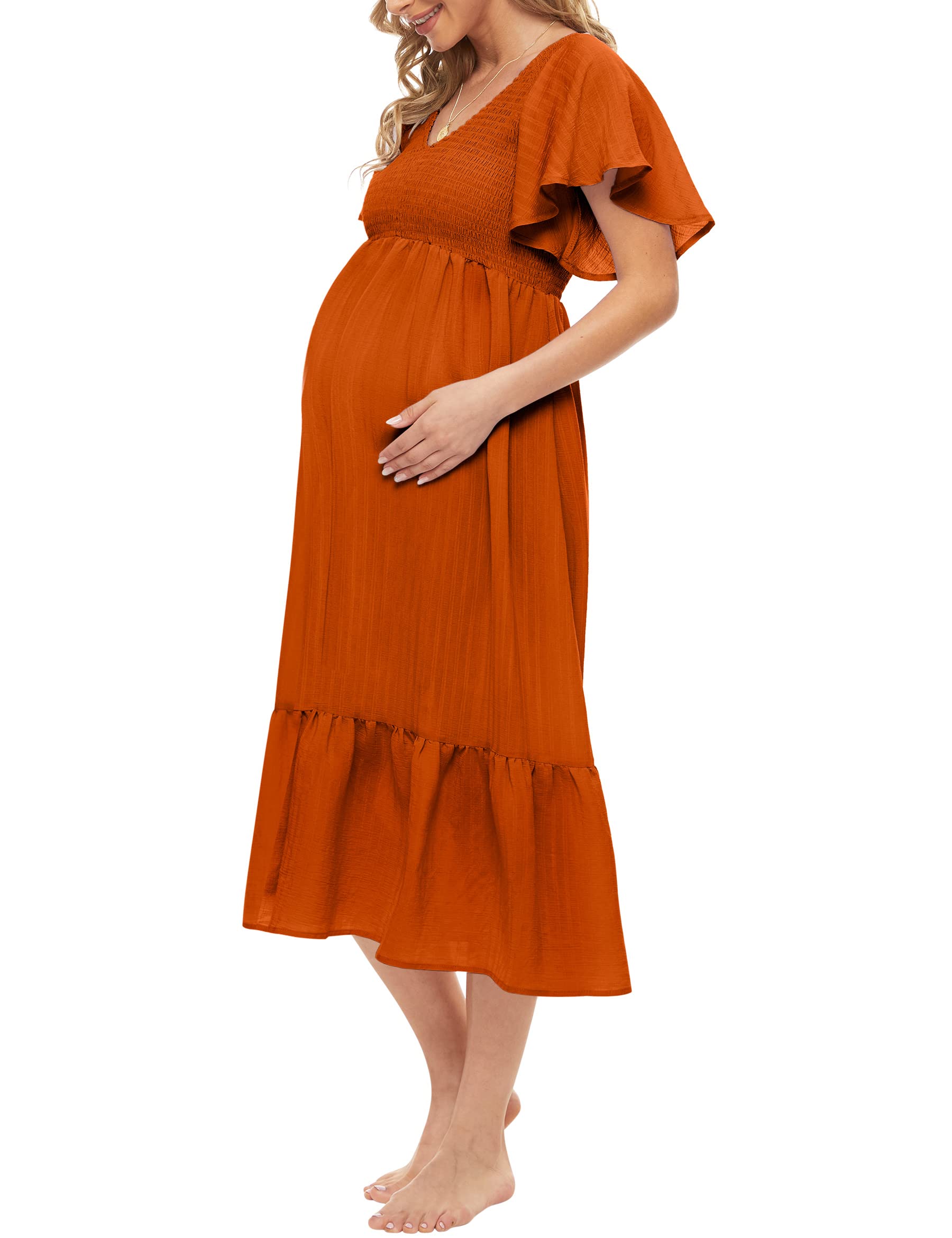 KIM S Boho Flutter Short Sleeve Maternity Dress (S-2XL) - V-Neck Smocked Midi Dress for Baby Shower & Casual Wear | Comfortable Pregnancy Outfit for Summer, Beach, and Special Occasions