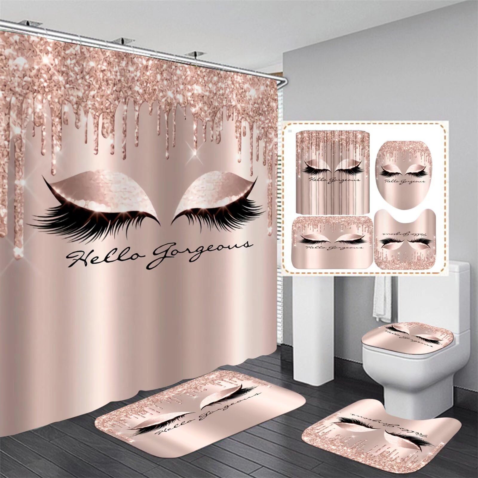 AZHM 4PCS Pink Rose Gold Eyelash Shower Curtain Set - Hello Gorgeous Bathroom Decor with Matching Rugs & Accessories | Elegant Bathroom Upgrade for Women's Spa-Like Shower Experience