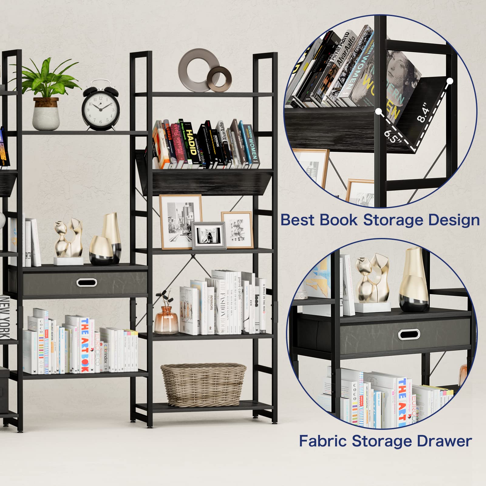 NUMENN Triple Wide 5-Tier Adjustable Bookshelf - Rustic Industrial Style Bookcase for Bedroom, Living Room & Home Office - Modern Bookshelves Furniture in Elegant Black - Perfect for Organizing Books, Decor & Storage Needs