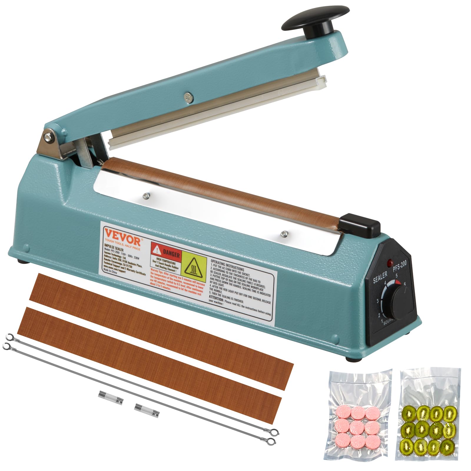 VEVOR 8 Inch Manual Impulse Sealer - Adjustable Temperature Heat Sealing Machine for Plastic Bags (Mylar, PE, PP) | Portable Poly Bag Sealer with Replacement Kit | Ideal for Food Packaging, Retail & Shipping Supplies
