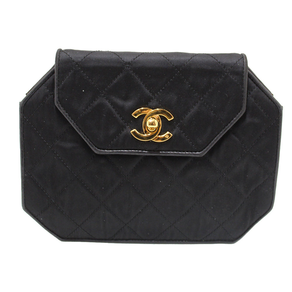 Authentic Chanel Vintage Black Satin Octagon Classic Chain Bag - Luxury Designer Handbag for Women | Perfect for Evening Parties, Weddings & Special Occasions
