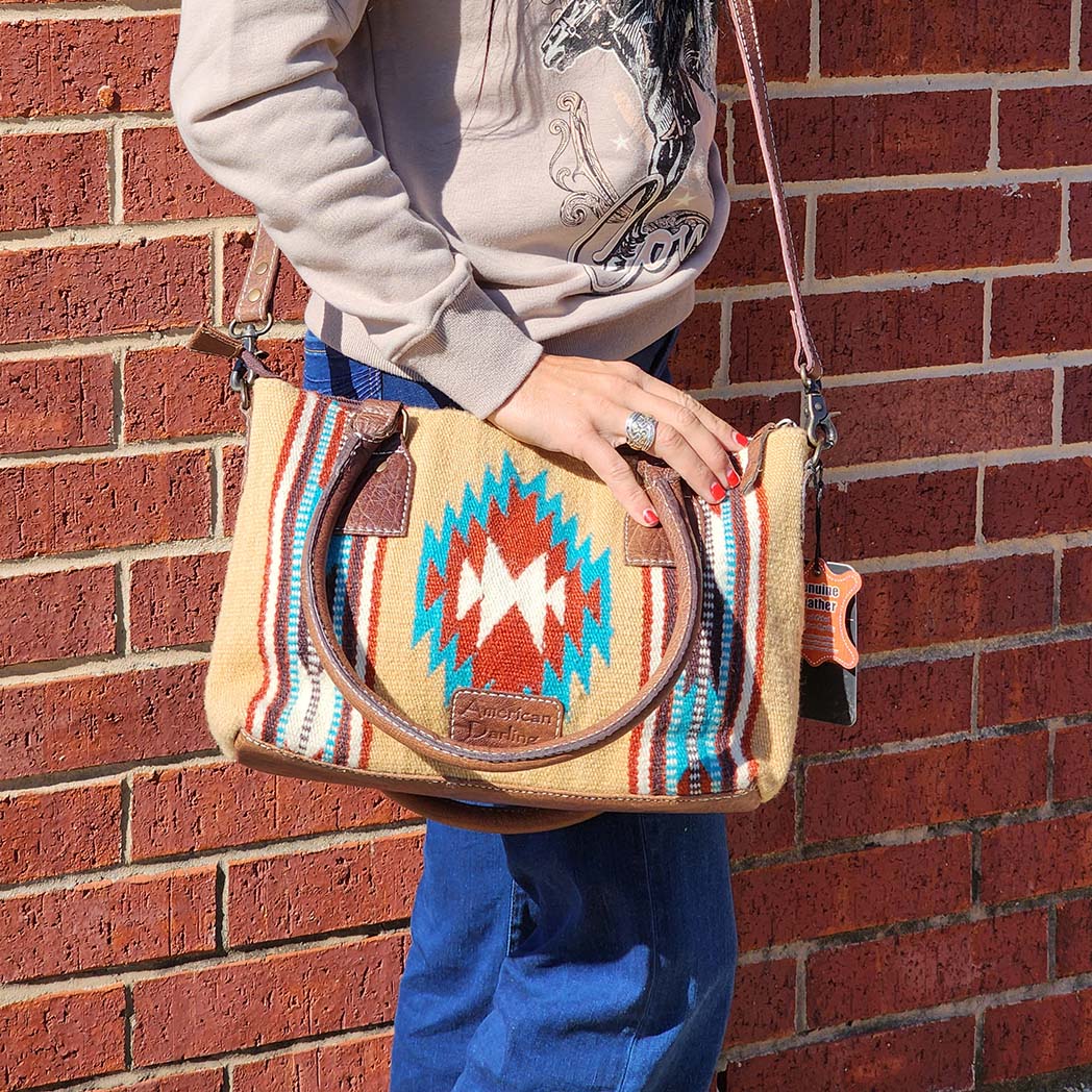 American Darling Tan & Turquoise Aztec Handbag - Stylish Boho Crossbody Purse for Women, Perfect for Festivals, Travel & Everyday Use