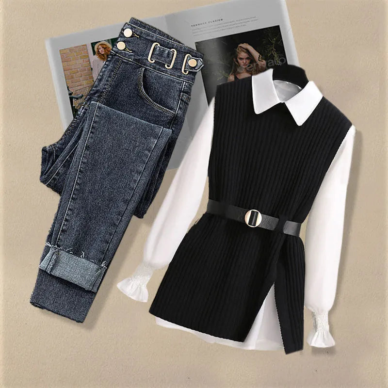 Korean Style Autumn Women's 3-Piece Outfit - Chiffon Shirt, Knitted Sweater & Jeans Set, Elegant Tracksuit for Casual Wear | Office, Dating & Fall Fashion