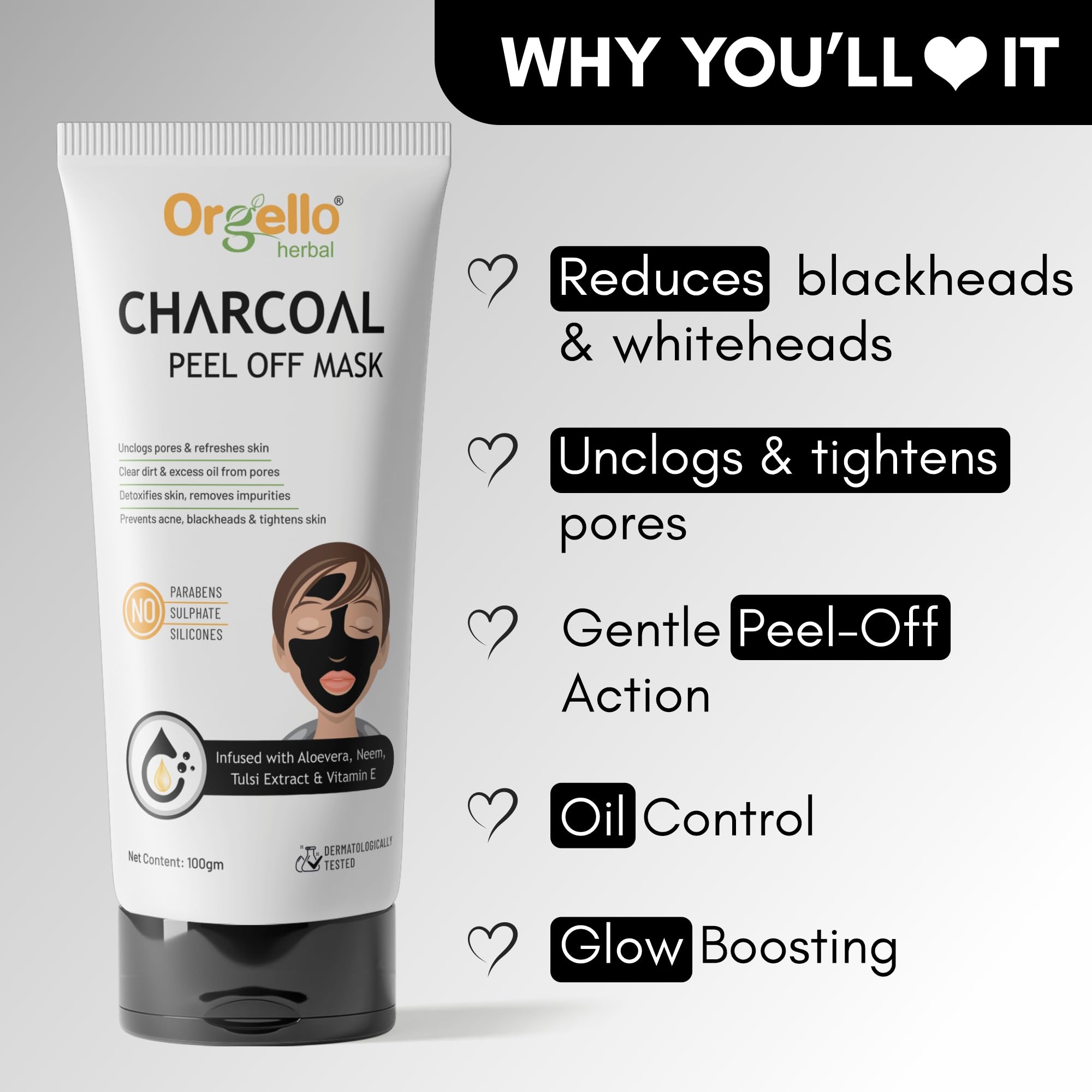 Orgello Charcoal Peel Off Face Mask for Blackhead Removal & Deep Pore Cleansing - Sulfate & Paraben Free - Suitable for Men, Women & Teens with Dry, Normal or Oily Skin | Perfect for Spa Days, Self-Care Routines & Acne Treatment
