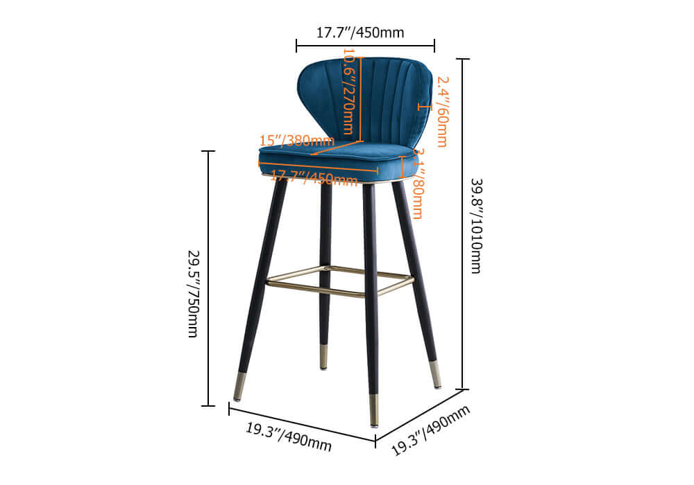 Modern Blue Velvet Counter Height Bar Stools with Back - Set of 3 for Kitchen Island, Breakfast Nook & Home Bar Decor