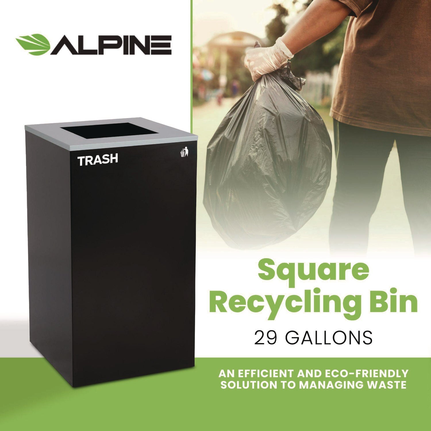Alpine Industries 29 Gallon Steel Trash Can with Square Lid - Black Recycling Bin for Kitchen, Office, or Outdoor Use