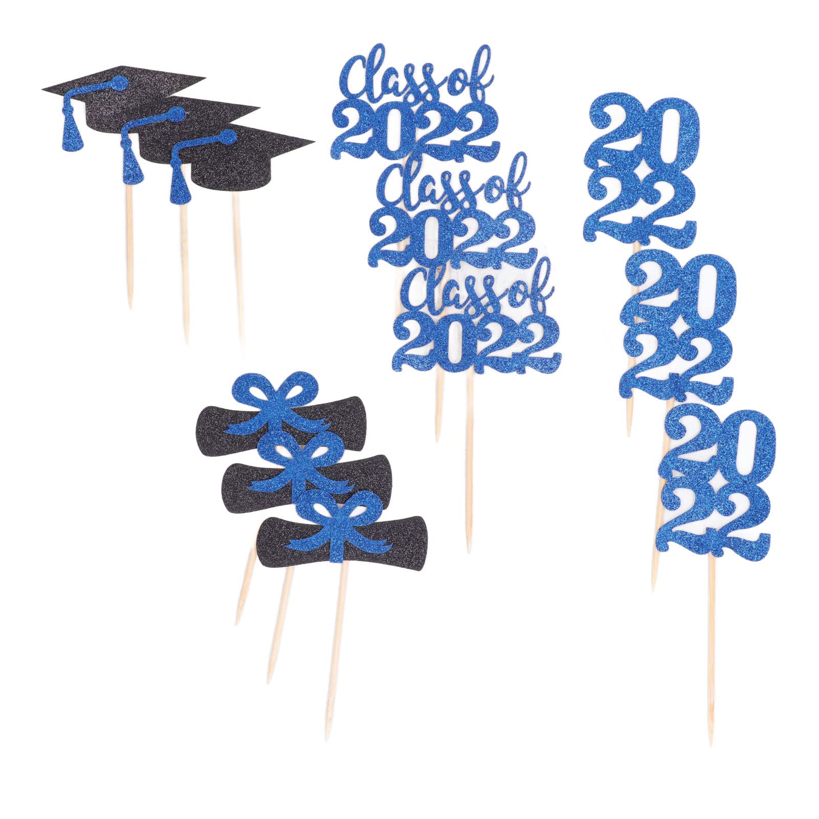 Pwshymi Graduation Cupcake Toppers - 9 Sets Glitter Cupcake Decorations for Parties (Black & Blue) | Easy to Use for Home Baking, Birthday Celebrations & Graduation Events