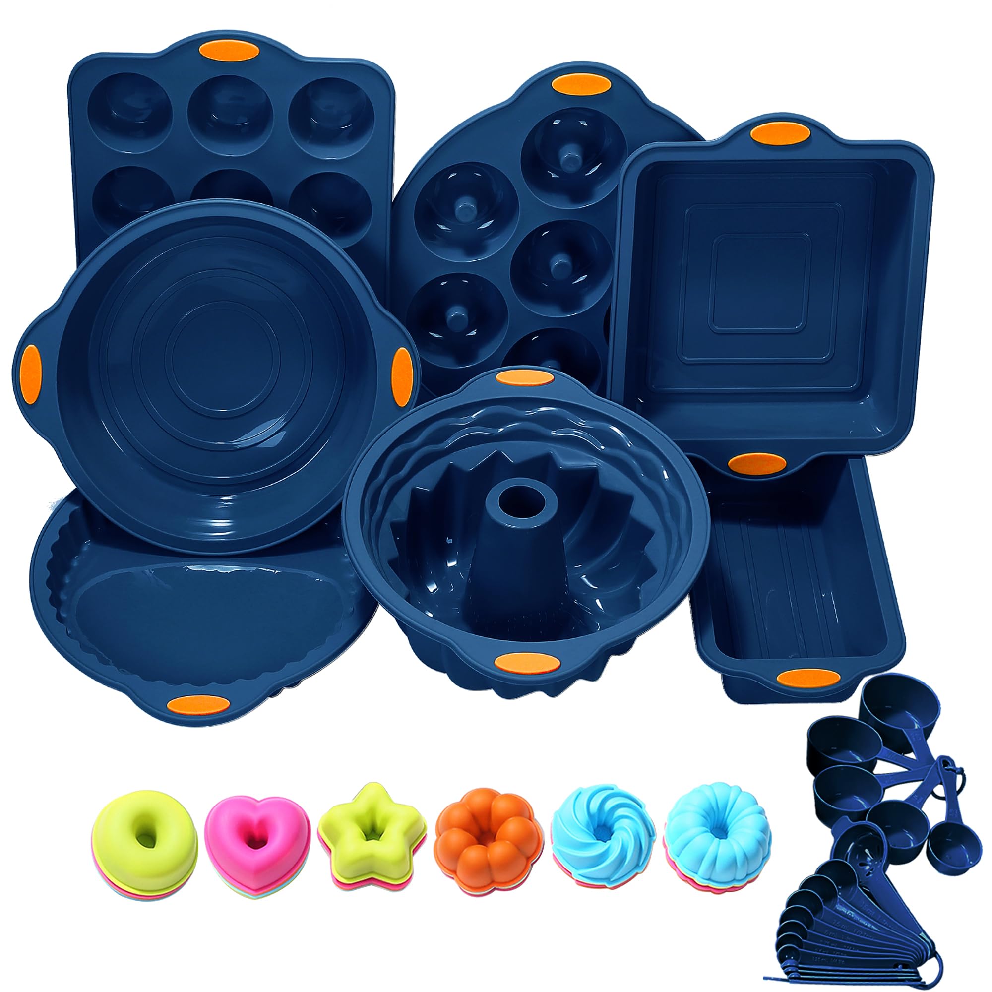 31-Piece Nonstick Silicone Baking Pans Set with Metal Reinforced Frame - Navy Blue Bakeware for Cakes, Cupcakes, Muffins & More - Perfect for Home Baking, Parties & Gifts