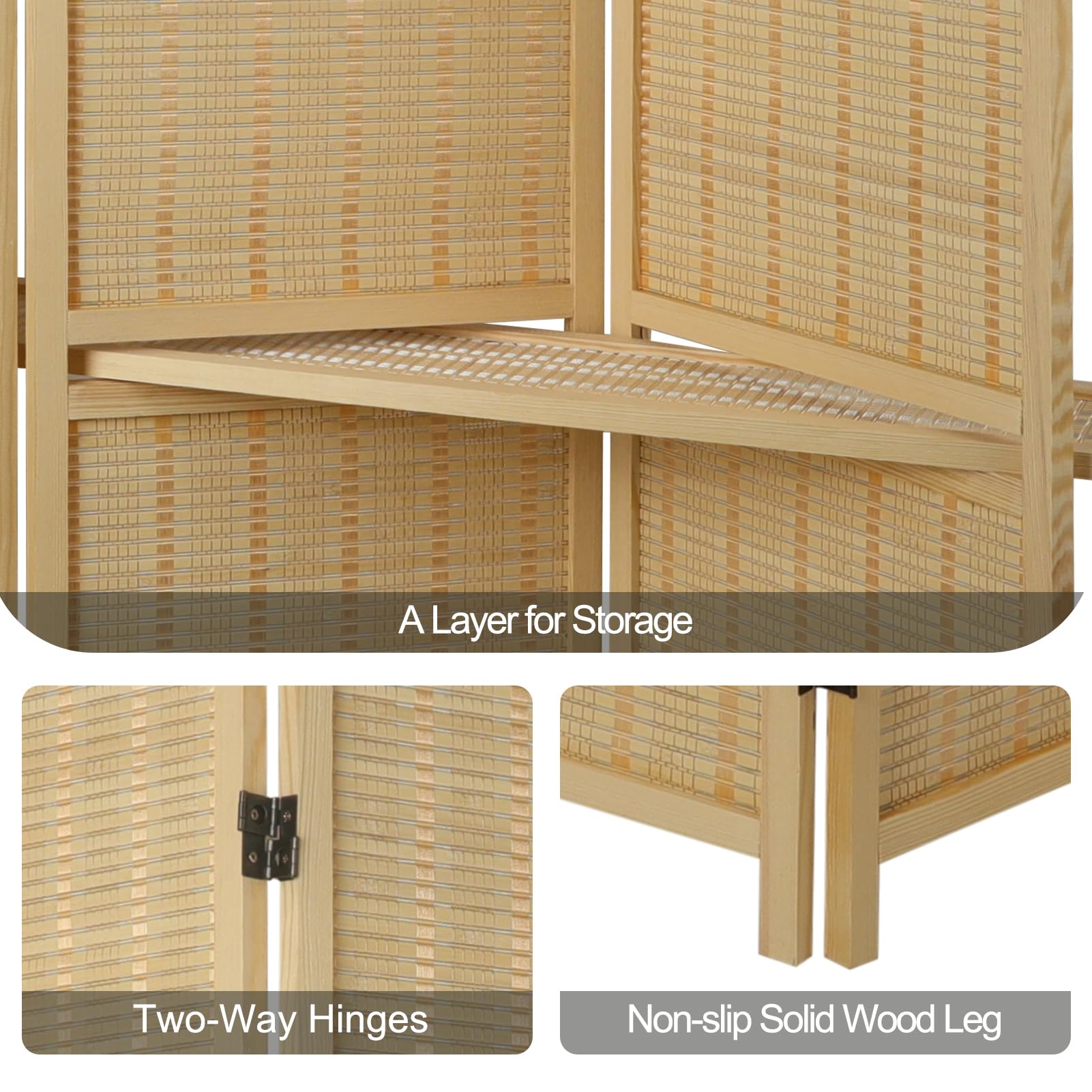 ECOMEX 6 Panel Bamboo Room Divider with Shelves - Foldable Privacy Screen for Home, Office, Studio Apartment & Garage - Natural Wood Partition for Space Organization & Decoration