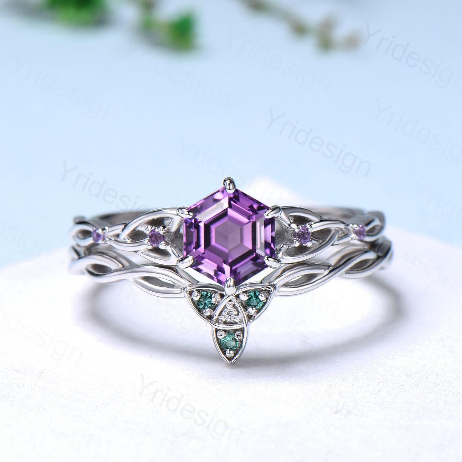 Viking Amethyst Ring Set for Women - Norse Hexagon Celtic Love Knot Purple Gemstone Engagement & Wedding Ring - Unique Twisted Emerald Design for Anniversary, Proposal, or Special Occasion Gift