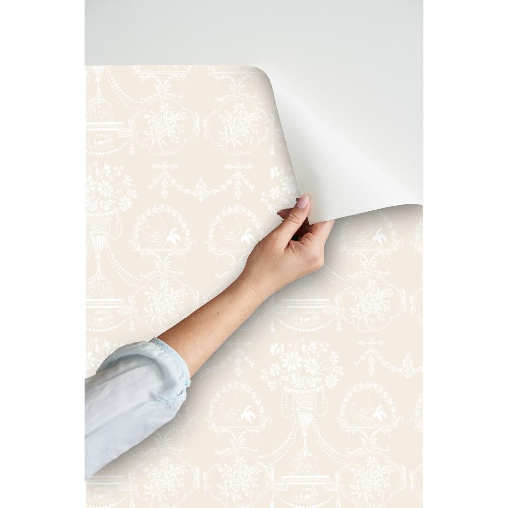 Peel & Stick Removable Wallpaper - 9ft x 2ft Neutral Cream Toile Floral Design | Perfect for Bedroom, Nursery & Wedding Decor | Custom Self-Adhesive Wallpaper by Spoonflower