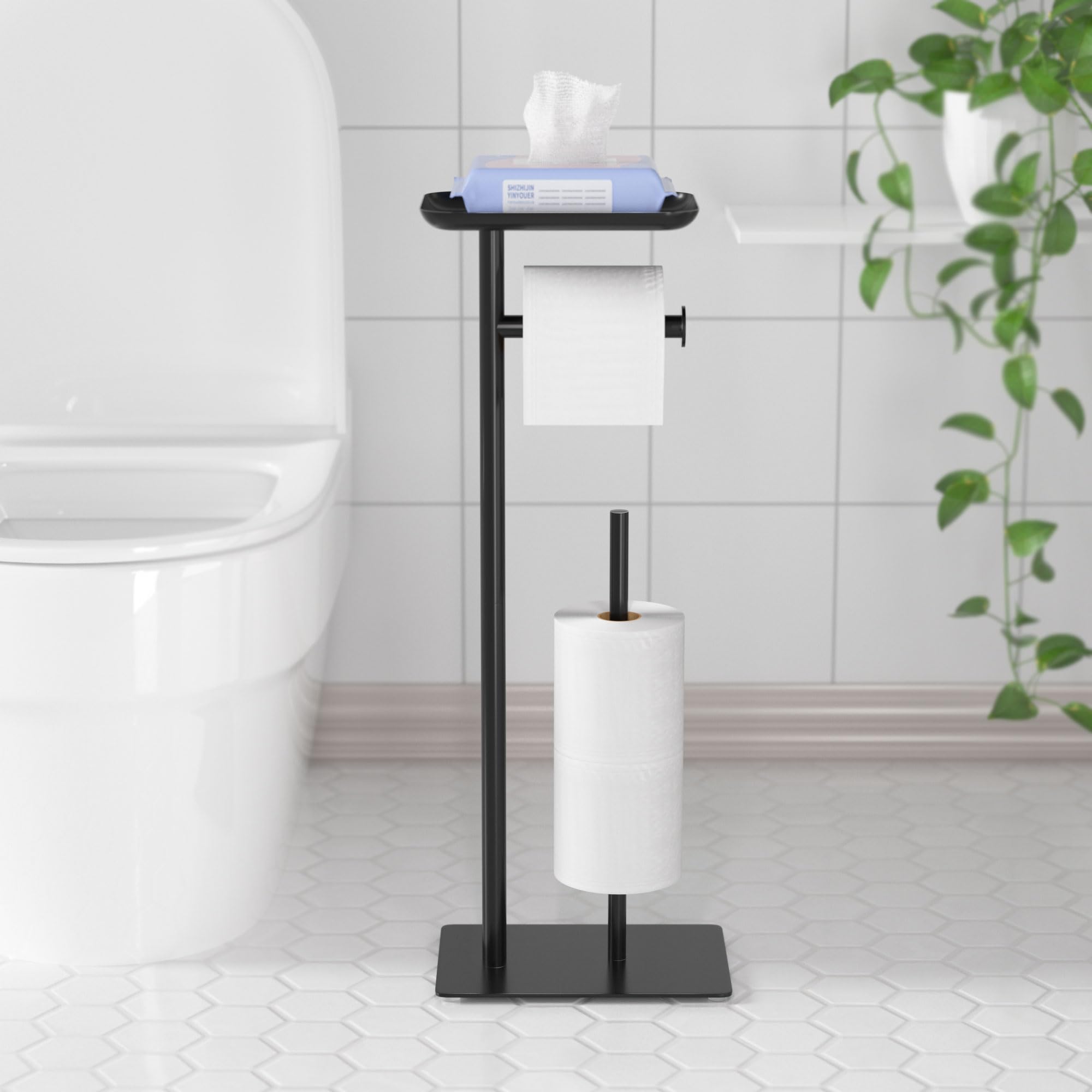 Black Free Standing Toilet Paper Holder with Storage Shelf - Floor Standing Toilet Roll Dispenser Holds 4 Reserve Rolls - Perfect for Bathroom, RV, and Small Space Organization