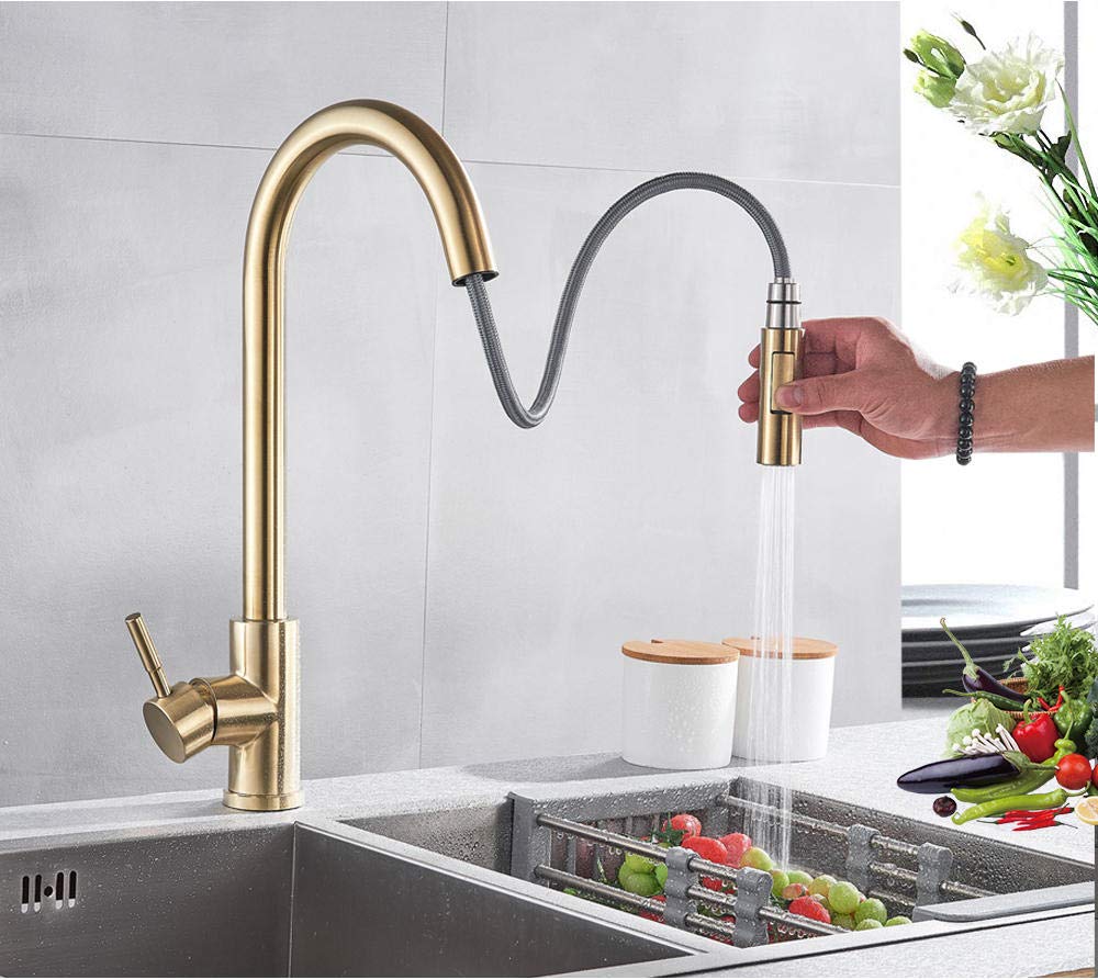 Brushed Gold Kitchen Faucet with Pull-Out Sprayer - Swivel Spout Sink Mixer Tap for Hot & Cold Water - Perfect for Modern Kitchens and Dishwashing Tasks