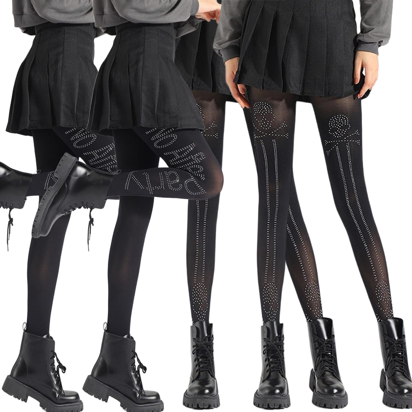 4 Pairs Women's Semi Opaque Black Rhinestone Pattern Tights - High Waist Footed Pantyhose for Teen Girls & Women, Perfect for Parties, Date Nights & Winter Outfits