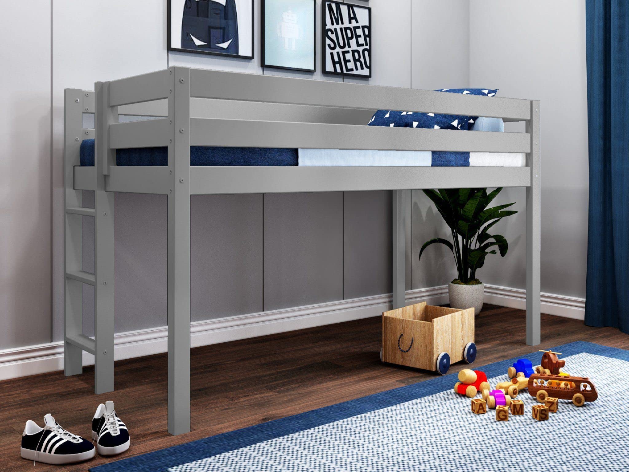 Modern Low Loft Twin Bed with End Ladder - Gray & Blue White Tent Design - Perfect for Kids' Bedroom, Dorm Room or Small Space Decor