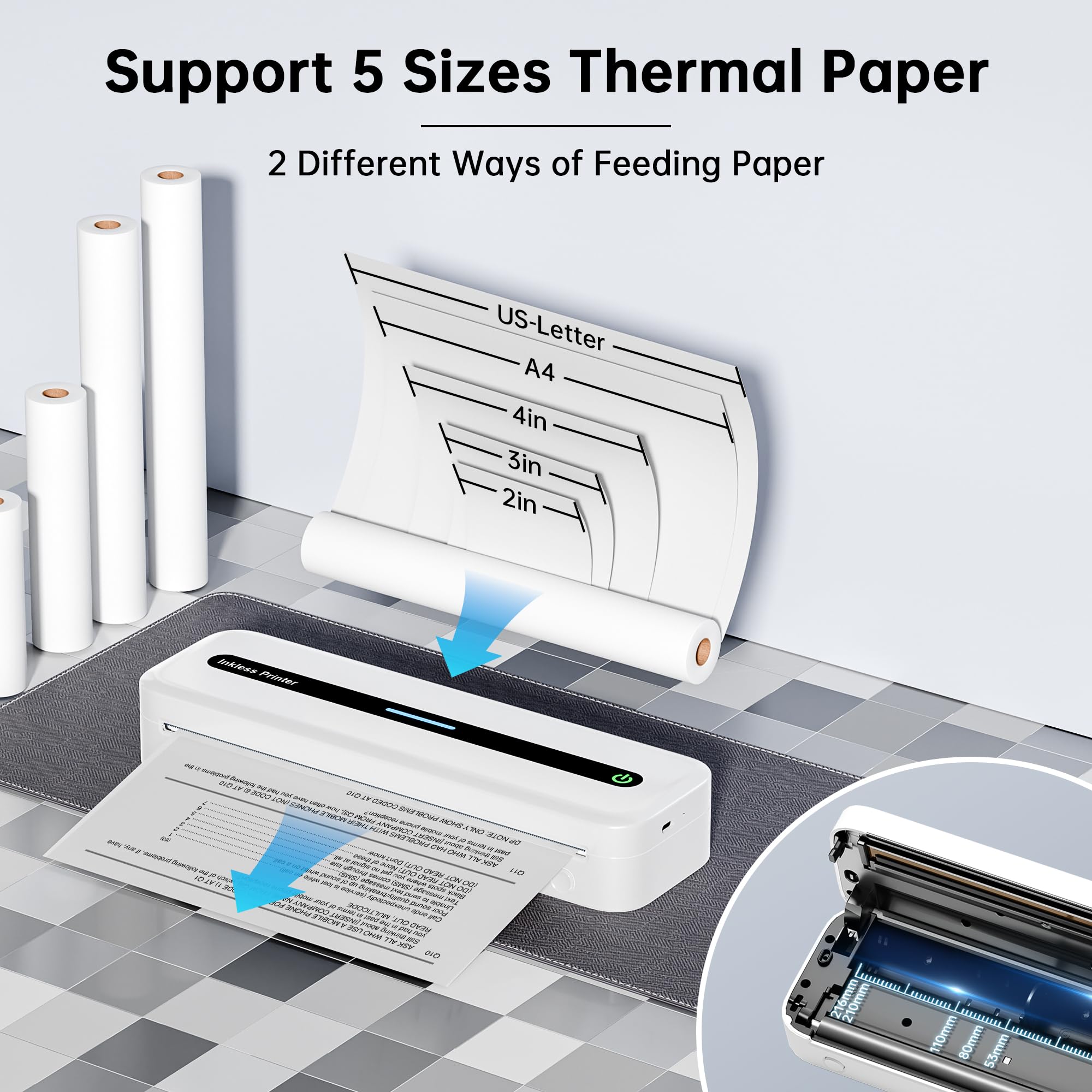 Portable Wireless Bluetooth Thermal Printer - 300DPI High Resolution, Multi-Size Paper Support, Compatible with iOS Android PC - Inkless Mobile Printer for Travel, Office, School, Home & Business Use (White)