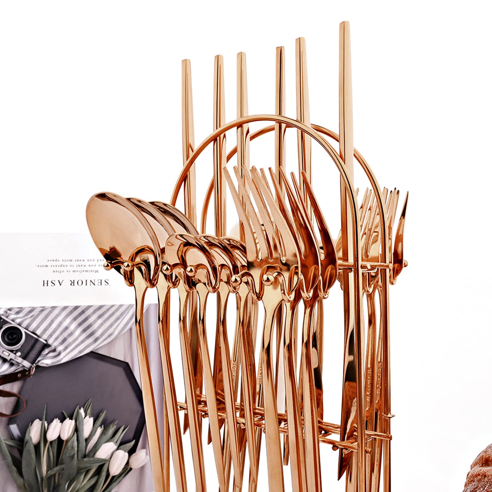 24-Piece Stainless Steel Silverware Set with Stand - Service for 6, Mirror Polished Rose Gold Flatware Cutlery Set for Dining, Kitchen & Entertaining | Elegant Tableware for Restaurants, Weddings & Home Use