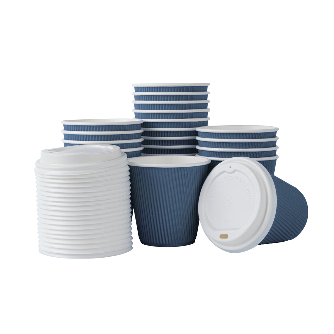8 oz Midnight Blue Ripple Wall Coffee Cups with White Lids - 3.5