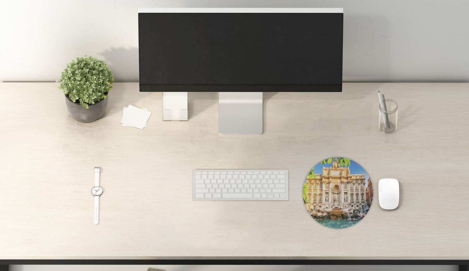 Ambesonne Italy Themed Mouse Pad – Trevi Fountain Travel Design, Non-Slip Rubber Gaming Mousepad for PC & Laptop (8 Inch Round, Multicolor) – Perfect for Office, Home & Gaming Setups