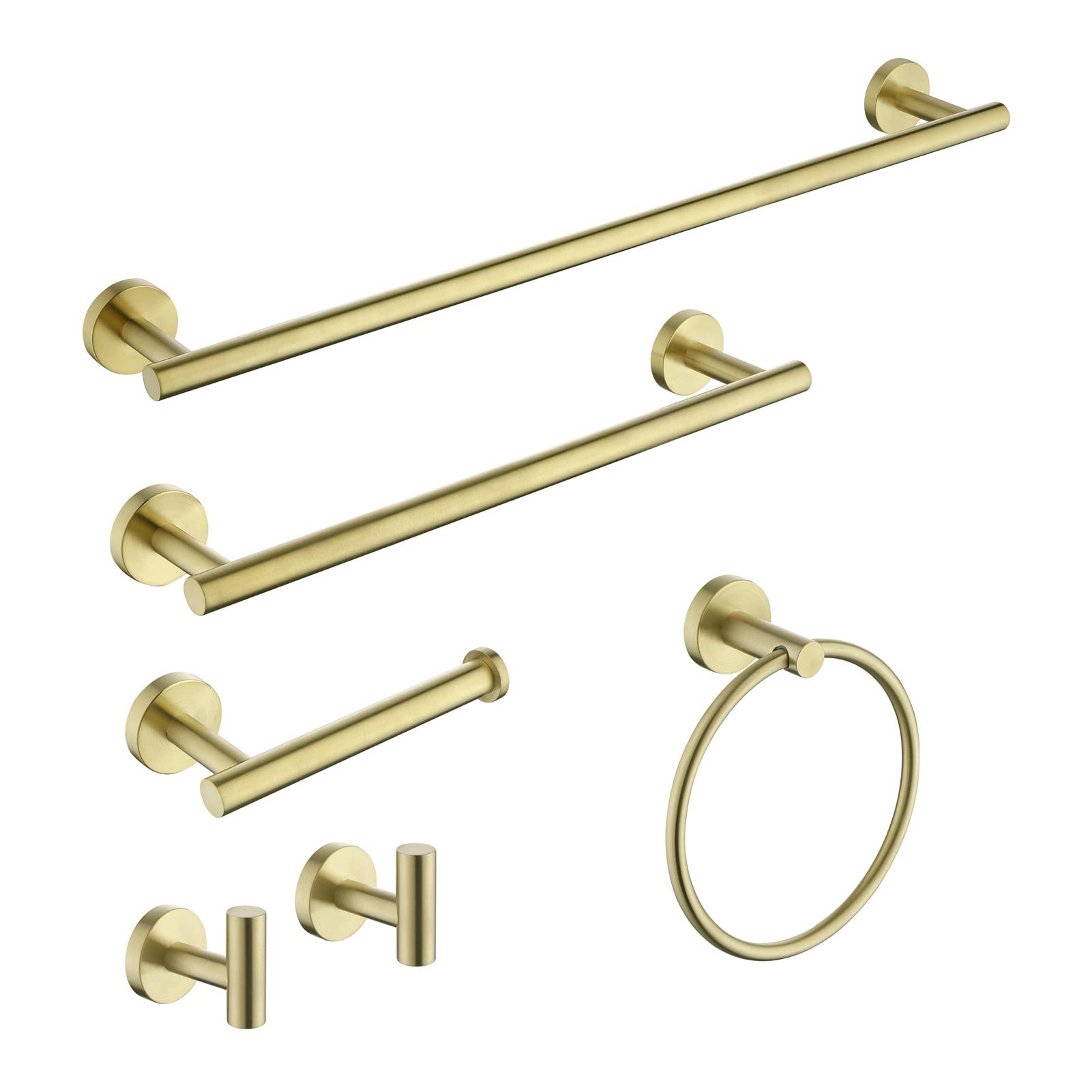 6-Piece Bathroom Hardware Set - SUS304 Stainless Steel Wall Mounted Towel Bar, Toilet Paper Holder & Robe Hooks - Modern Gold Bathroom Accessories Kit for Home, Hotel & Spa Decor