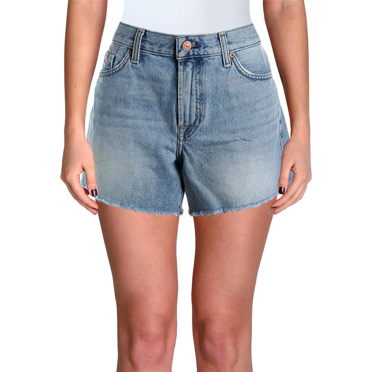 7 For All Mankind Women's High Waist Frayed Hem Denim Shorts - Maritime Blue Size 30 | Casual Summer Outfit, Beach Wear & Street Style Fashion