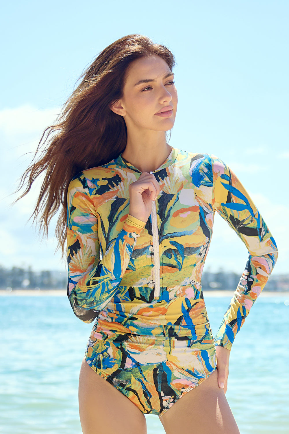 Axesea Women's Front Zip Long Sleeve Ruched One Piece Swimsuit - Sexy Bathing Suit for Beach, Pool & Vacation | Tummy Control Swimwear with UPF Protection