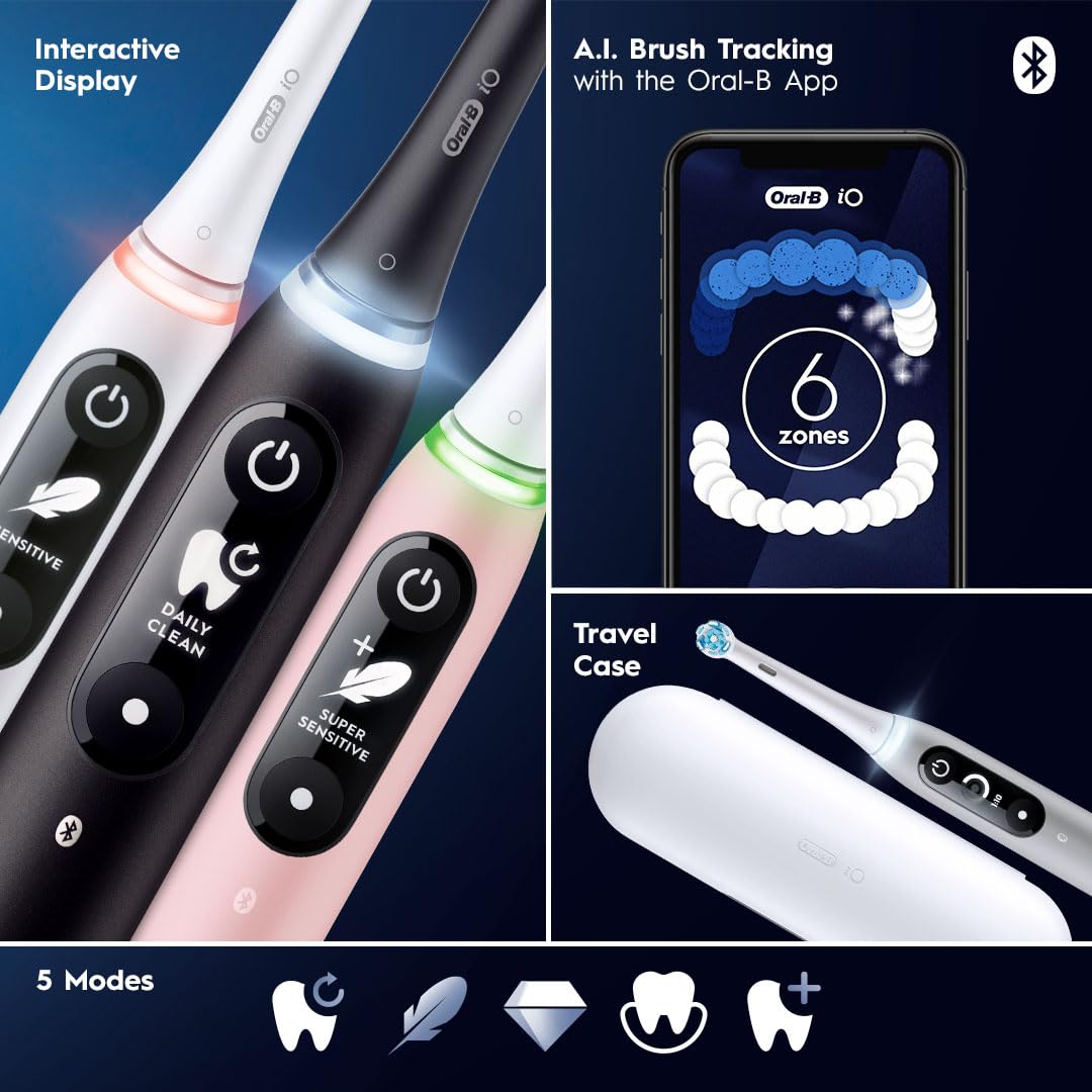 Oral-B iO Series 6 Electric Toothbrush - Smart Pressure Sensor, 5 Modes, 2-Min Timer, Travel Case Included - Gentle Gum Protection for Daily Oral Care at Home & Travel (Black)