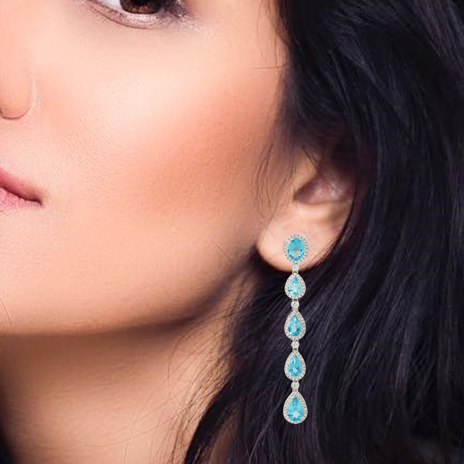 18K White Gold Apatite December Birthstone Dangle Earrings with Pave Diamonds - Elegant Designer Jewelry for Birthdays, Anniversaries & Special Occasions