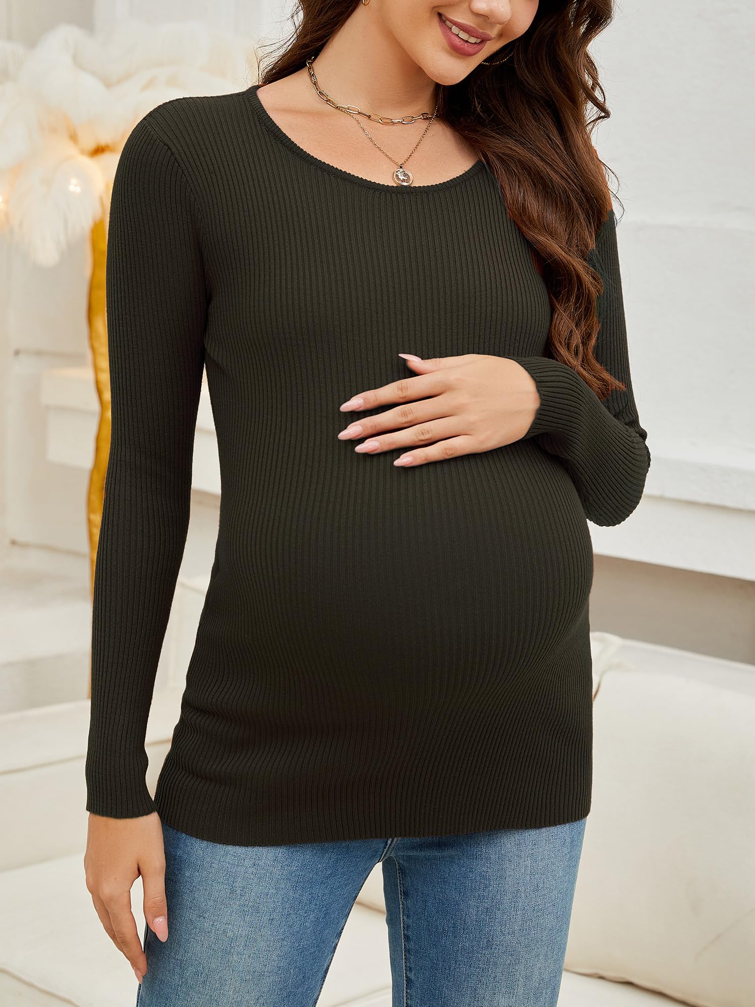 Comfortable Maternity Shirts - Ribbed Knit Long Sleeve Crewneck Pregnancy Tunic Tops for Women | Soft & Stretchy Casual Maternity Clothes | Perfect for Work, Daily Wear & Pregnancy Photos
