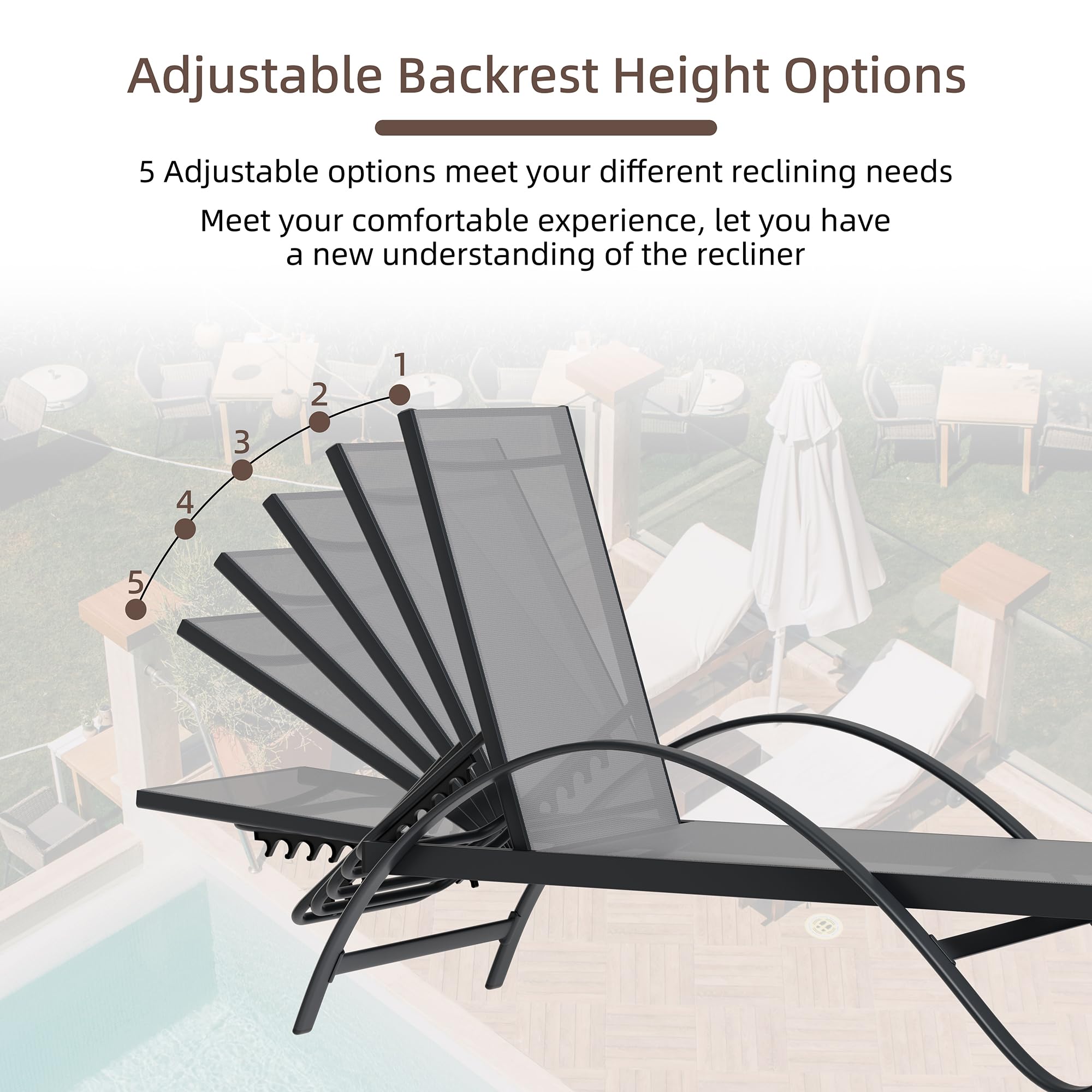 Shintenchi Patio Chaise Lounge Set of 2, Adjustable Pool Lounge Chairs with Armrests, 5-Position Reclining Outdoor Sunbathing Chairs, Light Grey Beach Recliners for Backyard, Deck, Swimming Pool & Resort