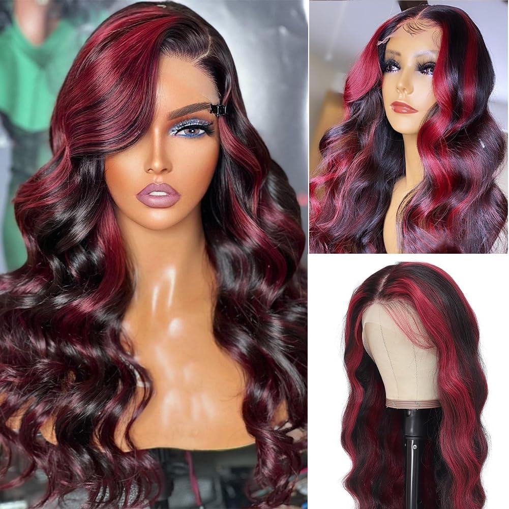 QNQZ 30inch Dark Burgundy Highlight Body Wave Human Hair Wig - 13x4 Lace Front, Pre Plucked with Baby Hair, 180% Density, Rose Red & Black Highlights | Perfect for Cosplay, Parties, and Everyday Glamour