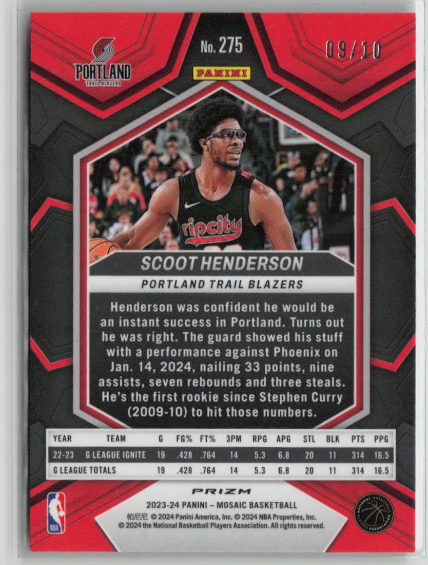 2024 Panini Mosaic Scoot Henderson Gold Fast Break 09/10 Rookie Card #275 - City Edition | NBA Collectible for Fans & Investors | Perfect for Trading, Displaying, and Portfolio Growth
