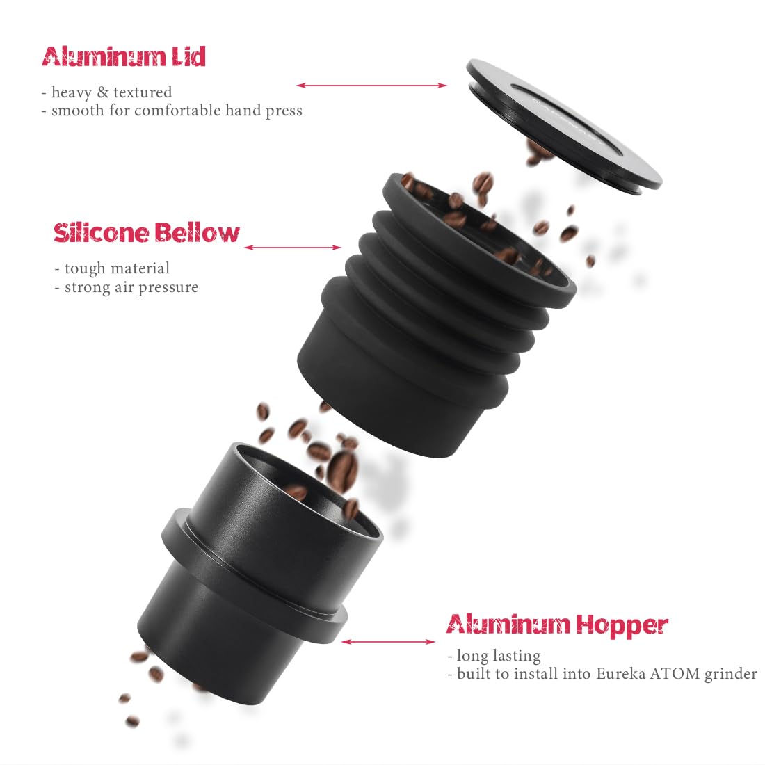 Eureka Atom Single Dose Coffee Grinder Hopper - Aluminum Compatible Hopper with Silicone Air Bellow & Lid - Perfect for Home Baristas & Specialty Coffee Brewing
