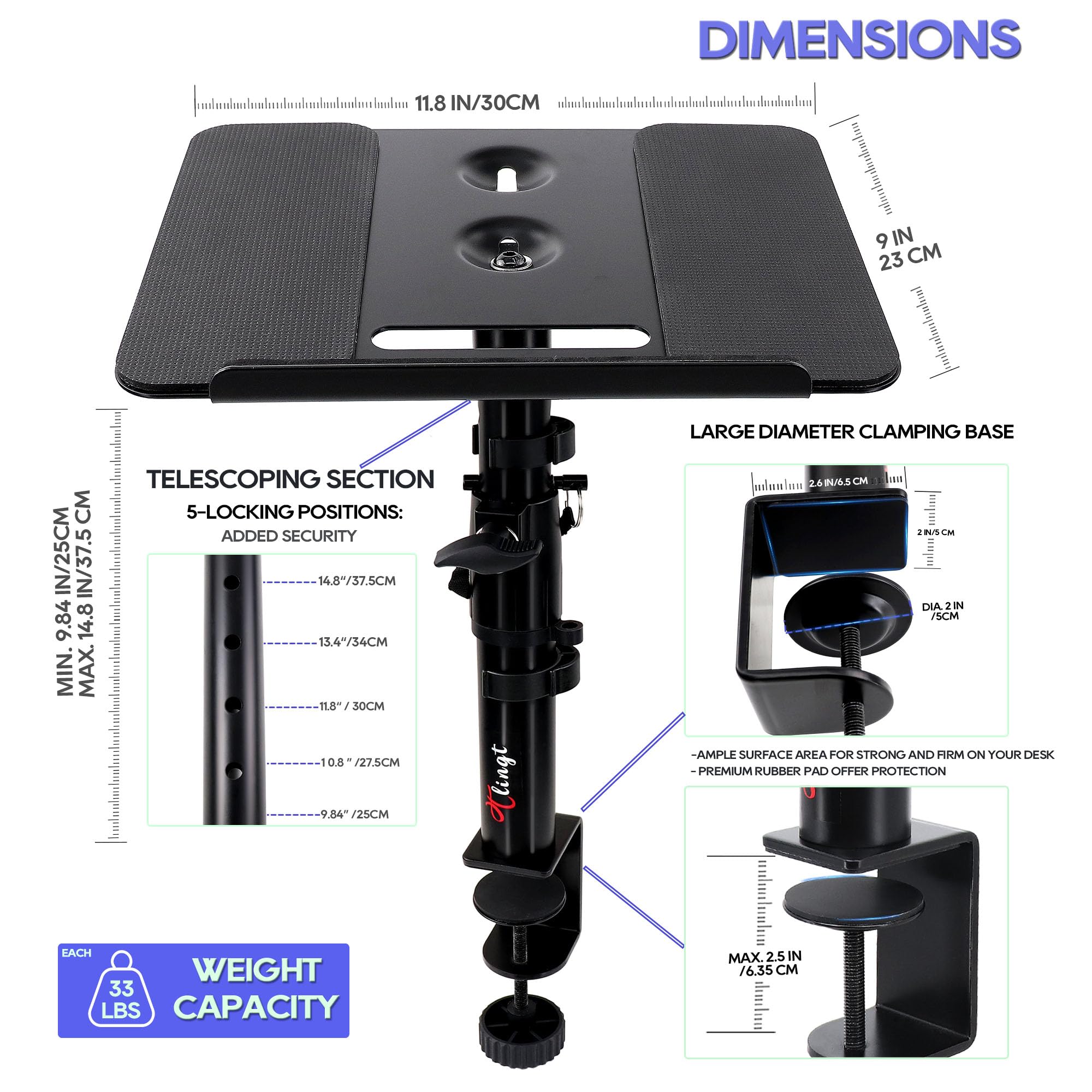 Premium Studio Monitor Stands - Heavy Duty Metal Tray for Speakers & Laptops (2-Pack, Black) - Perfect for Home Studios & Gaming Setups