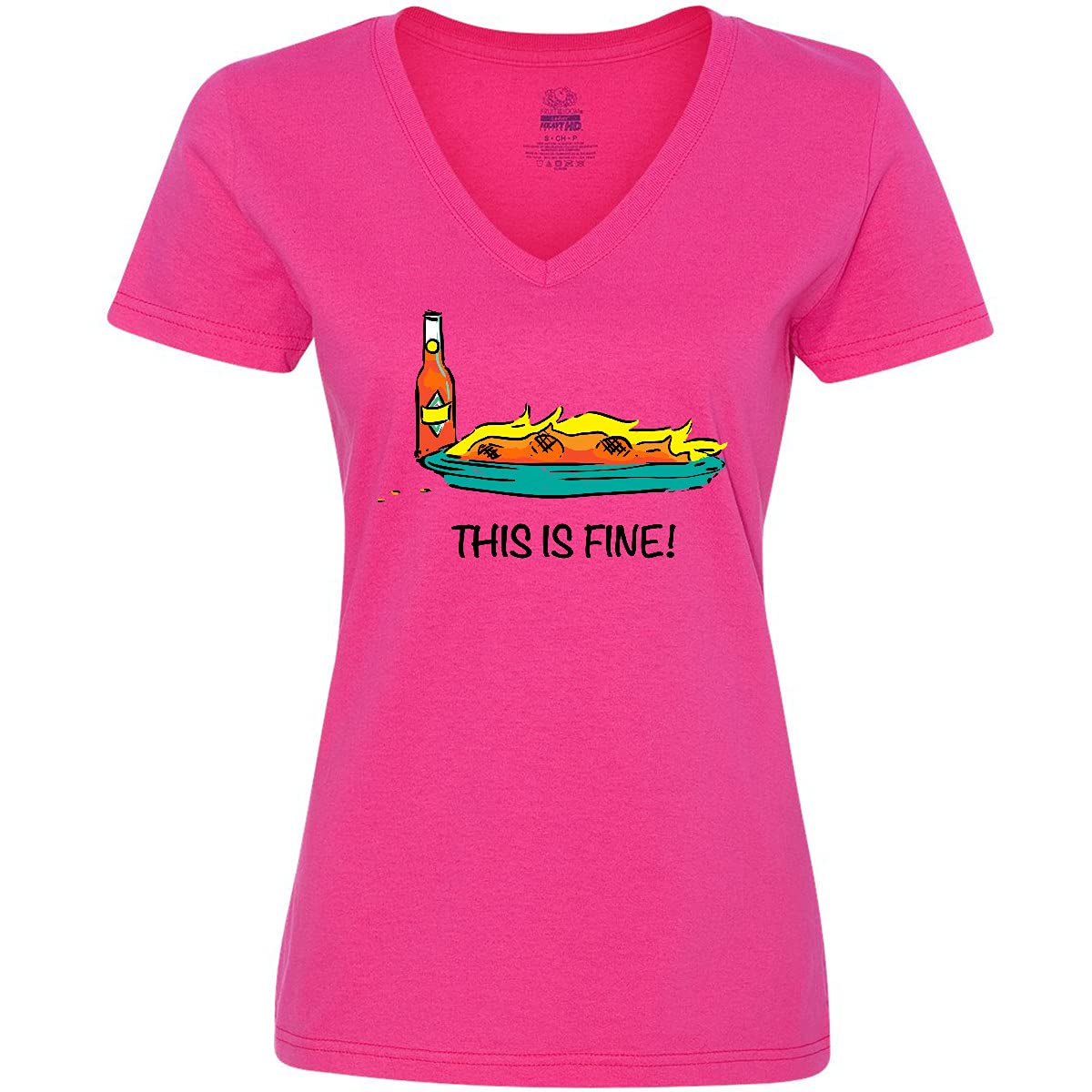 Inktastic 'This is Fine' Burning Hot Sauce Women's V-Neck T-Shirt | Funny Spicy Food Lover Graphic Tee for Casual Wear & Gifts