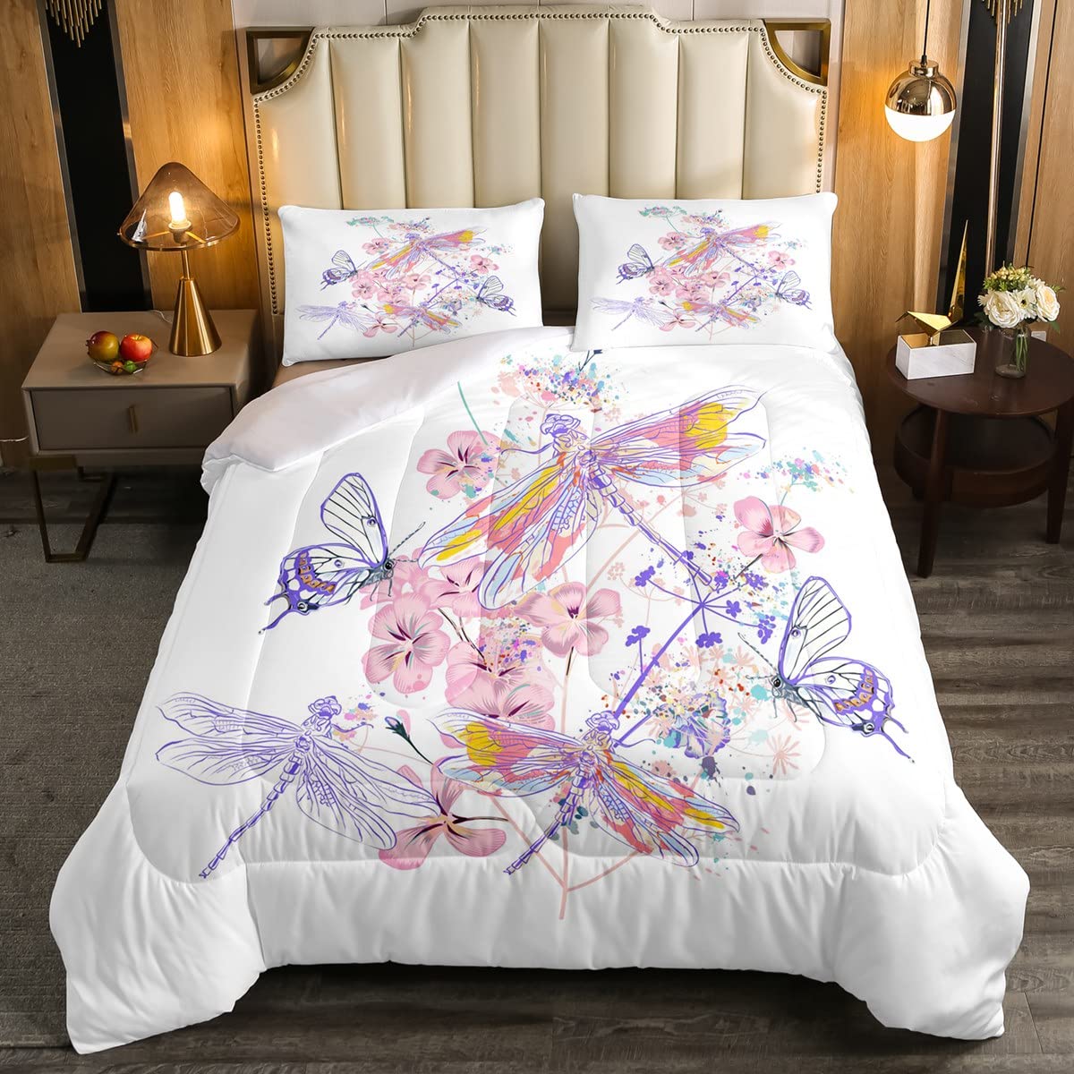 Feelyou Butterfly & Dragonfly Floral Comforter Set for Kids - Twin Size Bedding with 1 Pillowcase & 2-Piece Botanical Quilt | Perfect for Girls' Bedroom Decor, Nursery, or Dorm Room