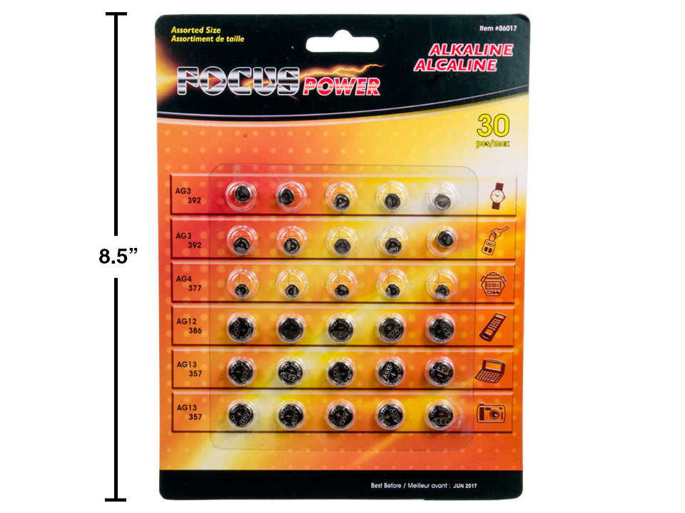 FOCUS ELECTRONICS 30-Piece Alkaline Button Batteries (86017) - Perfect for Watches, Calculators, Key Fobs & Small Electronics