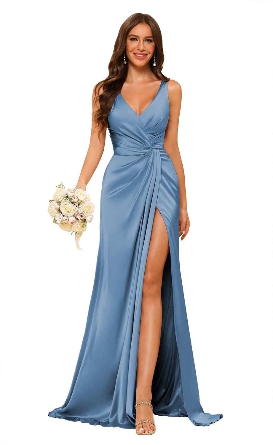 Elegant Dusty Blue V-Neck Bridesmaid Dress - Long Sleeveless Formal Gown with Empire Waist & High Slit | Perfect for Weddings, Parties & Special Occasions