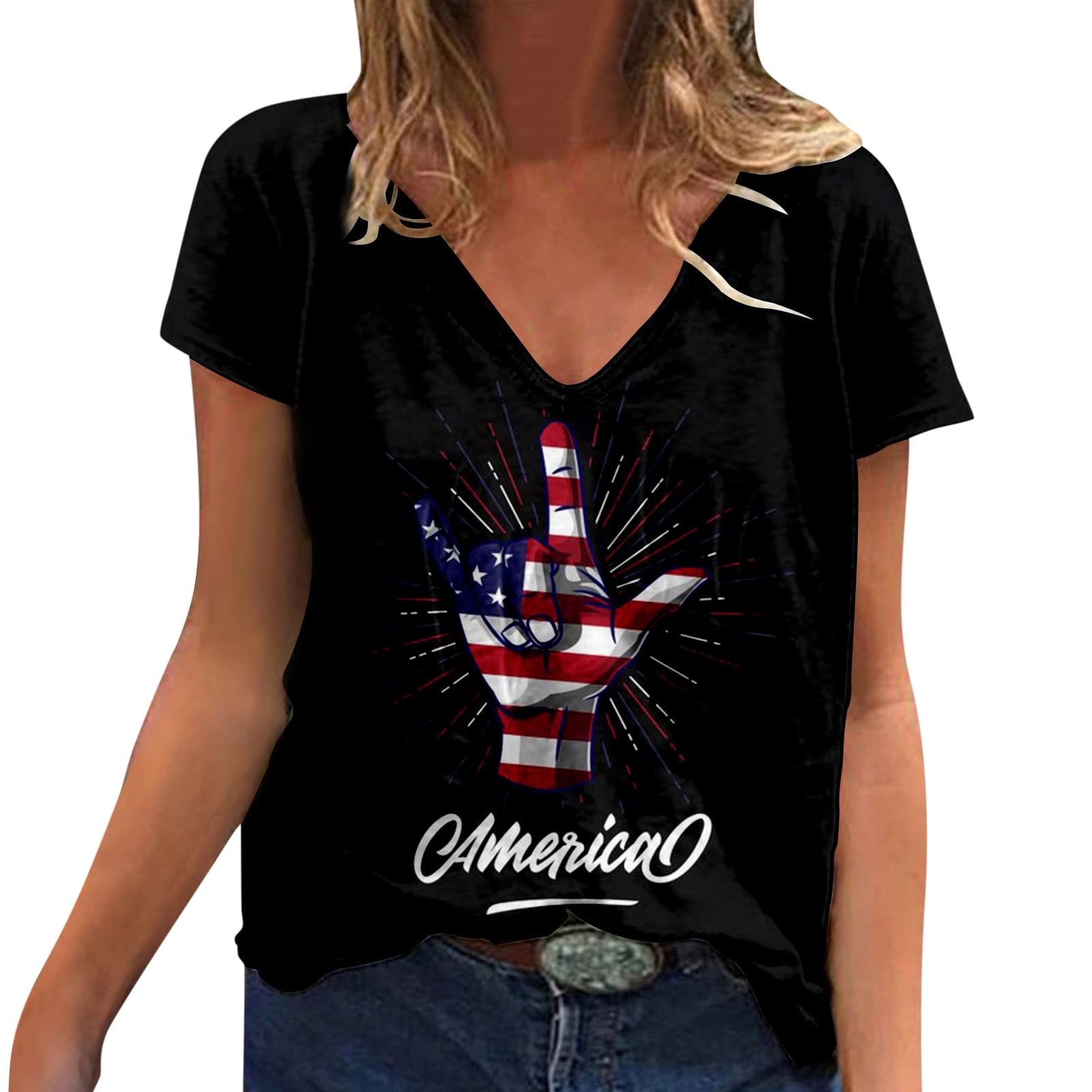 Women's American Flag Printed Summer T-Shirt - Casual Short Sleeve V-Neck Loose Blouse Tee for 4th of July, Beach Outings & Patriotic Events