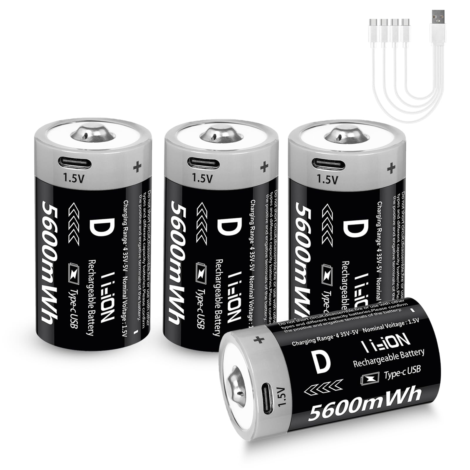Rechargeable D Batteries 1.5V 5600mWh - 4 Pack Lithium-ion D Cell Batteries with USB-C Charger | 1000 Charge Cycles | for Flashlights, Camping Gear, Emergency Kits & Home Appliances