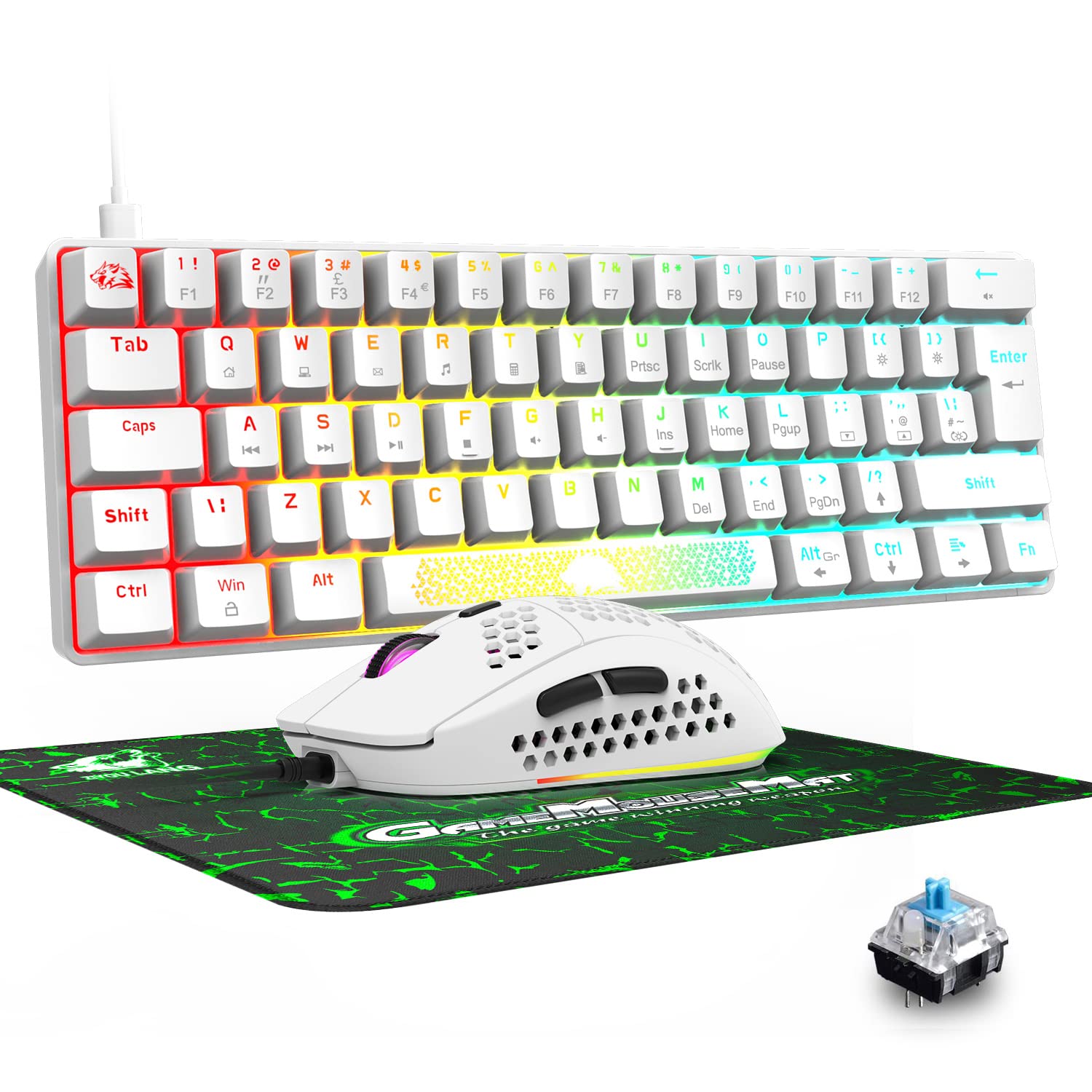 K65 Pro 60% Compact RGB Mechanical Gaming Keyboard & Honeycomb Ultralight Optical Mouse Combo with Blue Switches - Anti-Ghosting, Backlit for PC, Laptop, Xbox, PS4 - Perfect for Esports & Office Work (White)